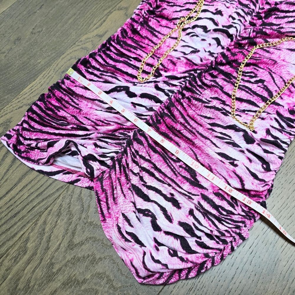 COOGI Y2K Ruched Plunge Zebra Print Mini Dress in Electric Hot Pink - Picture 15 of 16